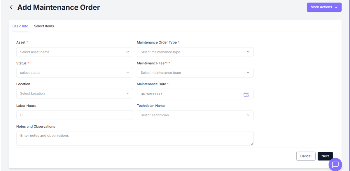 Add Maintenance Order