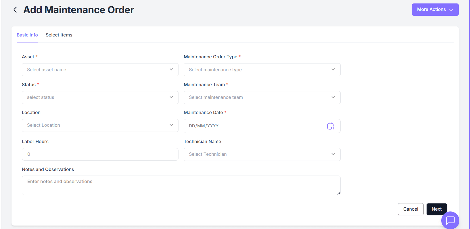 Add Maintenance Order