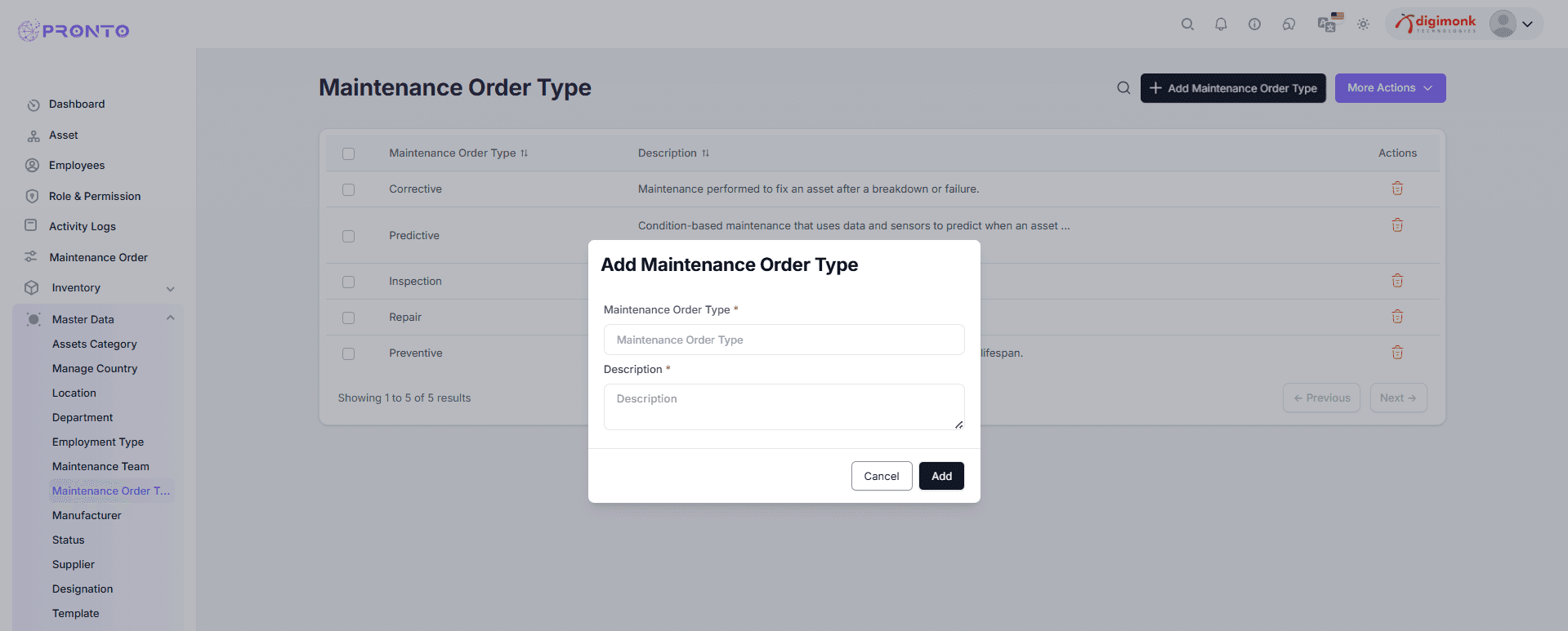 Add Maintenance Order Type