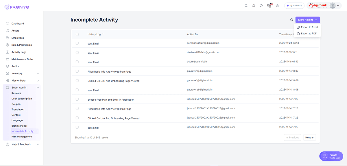 Incomplete Activity More Actions
