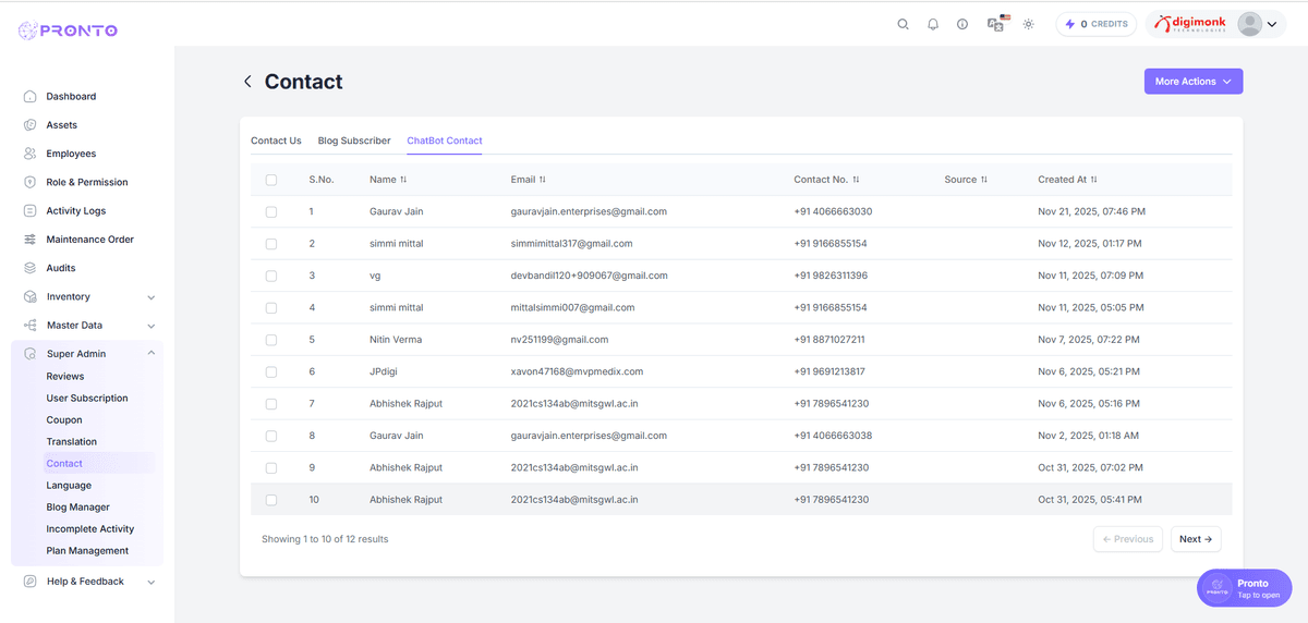 ChatBot Contact Table