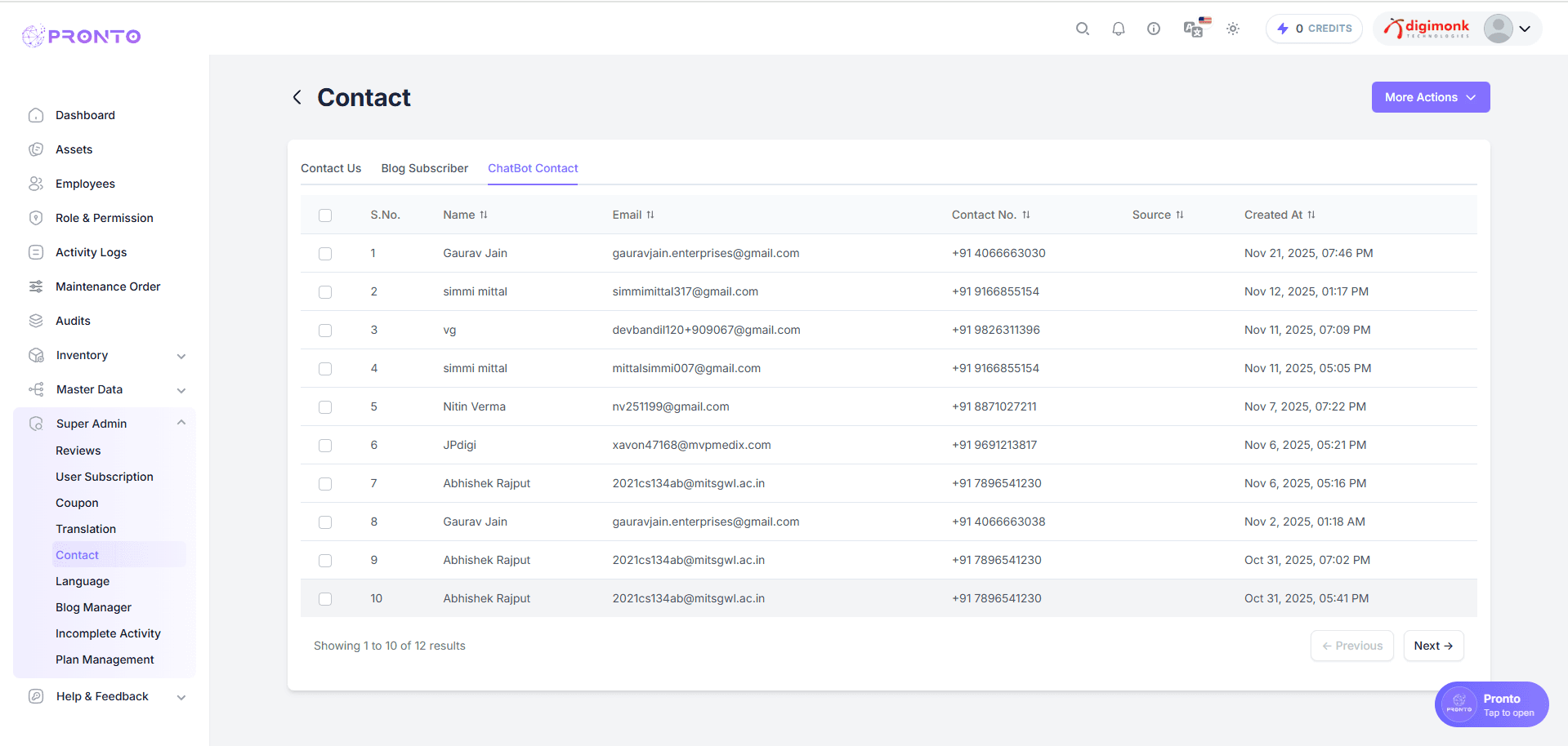 ChatBot Contact Table